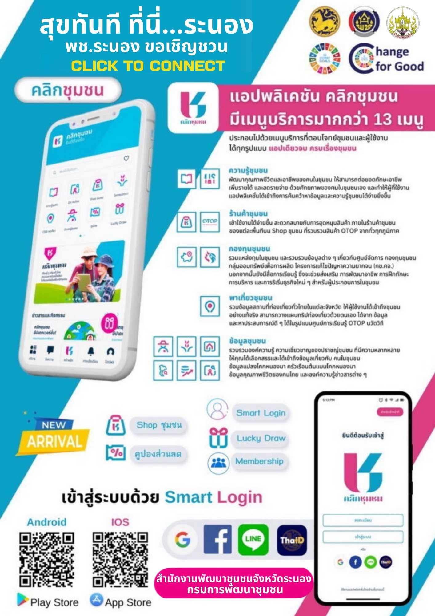 #พช.ระนอง ขอเชิญชวนชาวจังหวัดระนอง Click To Connect เเอปพลิเคชั่น คลิกชุมชน